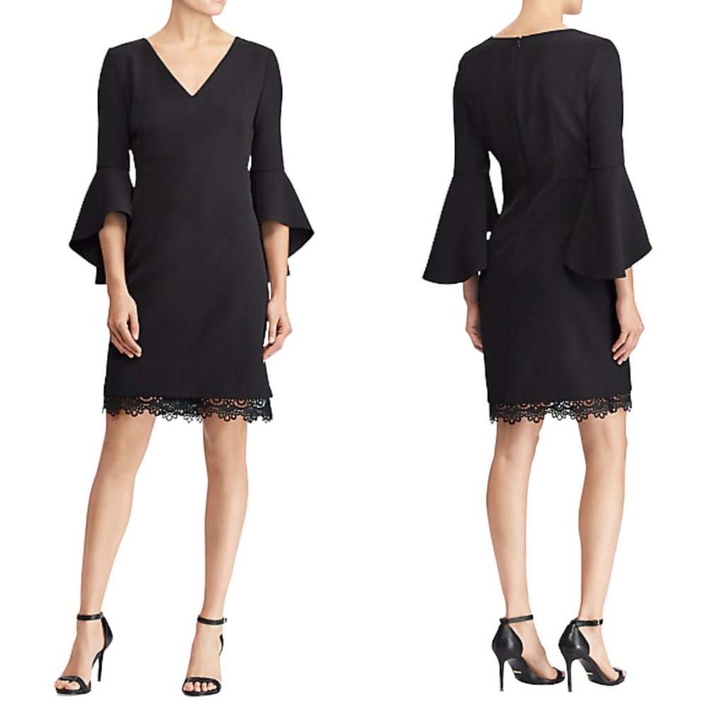 RALPH LAUREN Black Sheath Dress 4P Petite Bell Sleeve V-Neck Lace Hem NWT $150